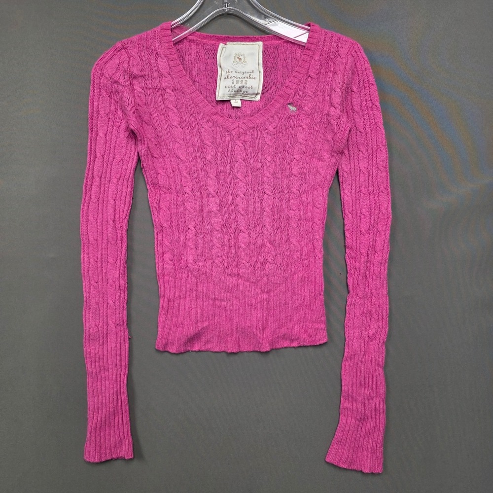 Abercrombie & Fitch Sweater Women's Cable Knit V-Neck Rabbit Hair Pink Large